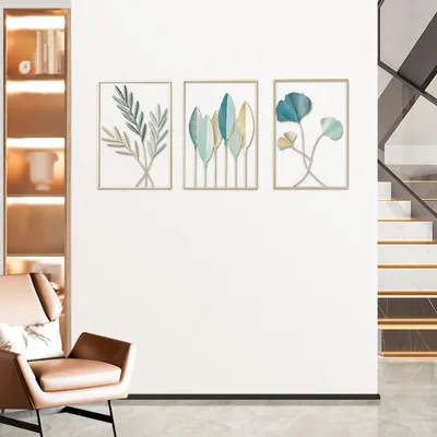 Metall-Wanddekor 3er-Set, Blattdesign, Gold, 30x43 cm