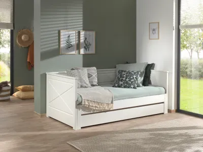 Image de VIPACK Lit gigogne avec rallonge, surface de couchage extensible de 90 x 200 à 180 x 200, tiroir de lit inclus, finition en pin et MDF laqué blanc