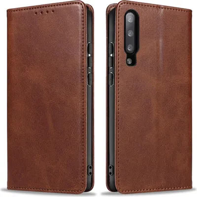 A brown leather flip case for a smartphone is shown from two angles.