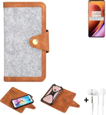 Produktbild von K-S-Trade Handyhülle + Kopfhörer kompatibel mit OnePlus 8 Pro Schutzhülle Filz Hülle Kunstleder hellgrau braun (1x)