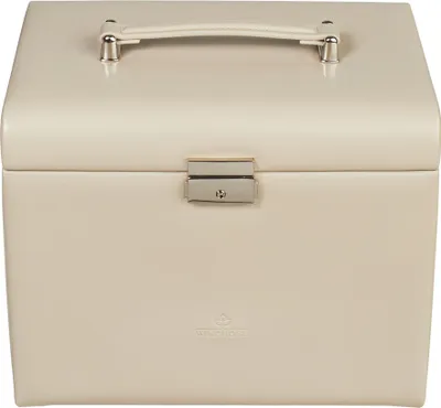 A cream-colored jewelry box with a silver clasp and handle.