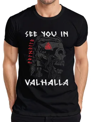 Productafbeelding van Valhalla Viking T-shirt met doodskop, runen en Mjölnir, voor heren, zwart, maat M