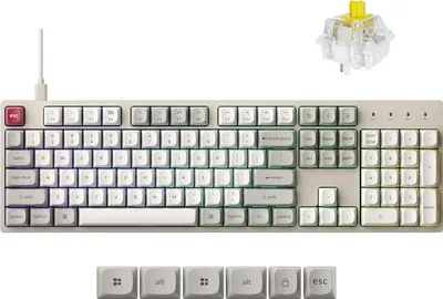 A mechanical keyboard and a keyboard switch are displayed against a white background.