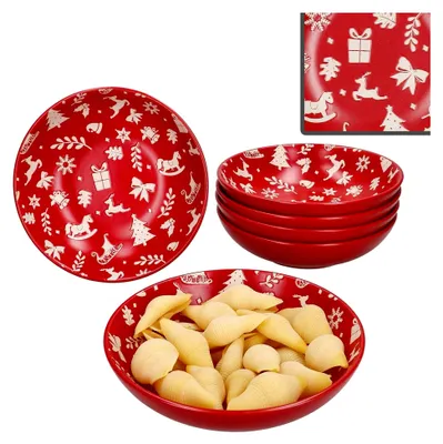 Produktbild von 6-teiliges Set Advent Suppenteller I 480 ml I winterliche tiefe Teller aus Steingut in Rot mit Weihnachtsmotiven in Creme I für Weihnachten, Advent & Nikolaus