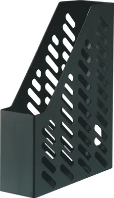 A black plastic magazine holder with a perforated design.
