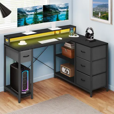 Produktbild von YITAHOME L-förmige Schreibtisch LED Eckschreibtisch Computertisch mit 4 Schubladen, Gaming Schreibtisch mit Monitorständer, 140x100 cm, Schwarz