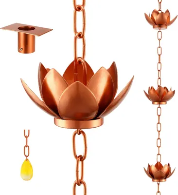 Produktbild von Dekorative Lotus Regenkette 120 cm aus Metall, verstellbar mit Adapter, Fallrohr Ersatz Gartendeko für stilvollen Wasserfluss im Garten