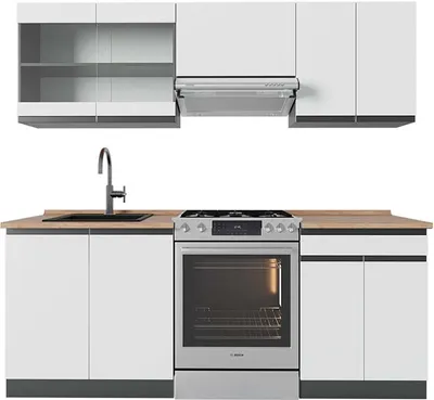 Produktbild von Küchenzeile Vicco R-Line Weiß/Anthrazit 200 cm J-Shape, AP Eiche, Model 42929