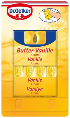 Produktbild von Dr. Oetker 146110700, Butter, Vanille, Flasche, 4 Stück(e), Aroma Butter-Vanille, 1 Röhrchen reicht aus für 500 g Mehl.