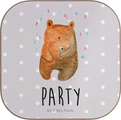 Produktbild von Mr. & Mrs. Panda Flaschenuntersetzer Bär Party - Grau Pastell - Geschenk, Lustig, Feiern, Geburtstagsgeschenk, gläseruntersetzer, Tassenuntersetzer, Teddy, Geburtstag