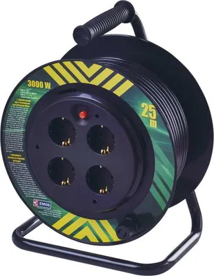 Produktbild von EMOS Profi-Kabeltrommel mit fester Mitte, 25m Kabel, 4 Schuko Steckdosen, nicht mitdrehender Kern, Kabelquerschnitt 1,5 mm, P19427