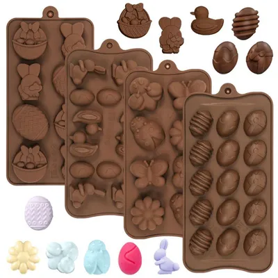Obrázek produktu pro Silikonová forma na pralinky, velikonoční motiv, 4 kusy. Vhodná pro výrobu velikonočních vajíček, zajíčků, bonbonů, želé, sladkostí, nebo jako forma na zmrzlinu a pečení