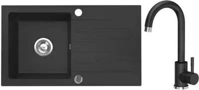 Obrázek produktu pro VBChome Granitový dřez 76 x 44 cm Černý s baterií Jednomísový vestavný dřez Oboustranný Skvrnitý Snadno udržovatelný dřez se sifonem
