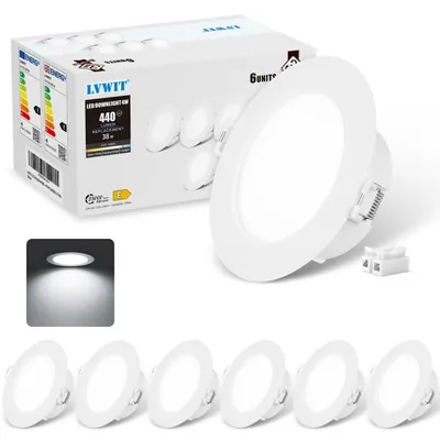Immagine prodotto di LVWIT 4W Faretti a soffitto a LED bianco freddo, da incasso, design piatto, 230V. Faretti LED 6500K, 440LM. Faretti a soffitto con foro da 75mm. Faretti da incasso bianchi per bagno, cucina, soggiorno, set da 6