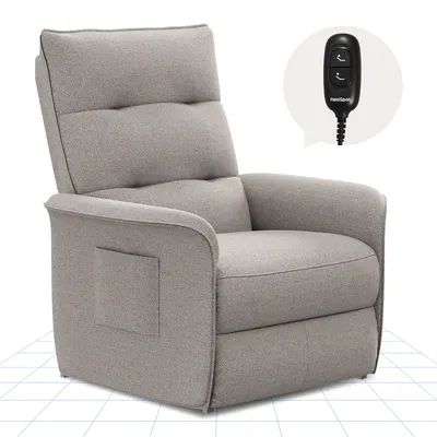 A light gray recliner chair is shown from a three-quarter front view against a white and light gray grid background. A remote control for the chair is shown in a callout bubble in the upper right corner.