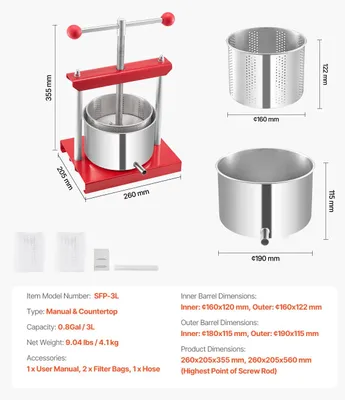 Immagine prodotto di Pressa per mosto, per un'estrazione efficiente del succo, design intuitivo, capacità 3 litri