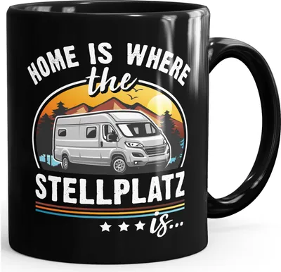Produktbild von Kaffee-Tasse Camping Home is where the Stellplatz is Geschenke für Camper Wohnmobil Spruch lustig Moonworks®
