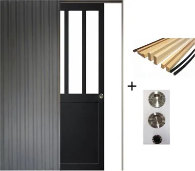 Image de Porte Coulissante Atelier Noir H204 x L73 + Système a Galandage et kit finition inclus (coquille et tire doigt)