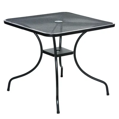 Obrázok produktu pre Štvorcový záhradný stôl s rozmermi 80 x 80 x 72 cm je vyrobený z kovu s čiernym lakovaným povrchom.