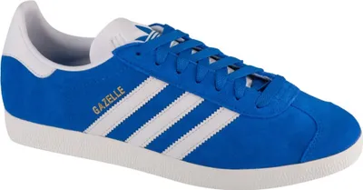 A studio shot of a blue Adidas Gazelle sneaker.