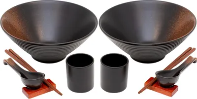 Immagine prodotto di Intirilife Set di ciotole per Ramen per 2 persone in Vetroceramica nera - 1,1 litri - 2x ciotola bacchette cucchiaio tazza e vassoio ciascuno - per zuppa di noodle riso udon ciotole Bowl