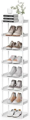 Produktbild von Schmales Schuhregal mit 8 Ebenen, mehrstöckiges und platzsparendes Standregal aus Kunststoff, stapelbar, vertikal, für Treppe, Flur, Küche und Schlafzimmer, Weiß