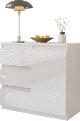 Immagine prodotto di FURNICA - MIKEL - Cassettiera / credenza con 3 cassetti e 1 anta - Bianco opaco / Bianco lucido H75cm L80cm P35cm