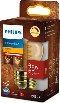 Zdjęcie produktu dla Philips Bursztynowa żarówka z widocznym spiralnym żarnikiem 25 W P45 E27, 3 W, 25 W, E27, 250 lm, 15000 h, Flame