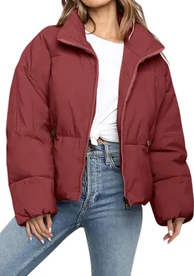 Produktbild von ASKSA Damen Daunenjacke Dicke Warm Kurz Steppjacke Winterjacke Reissverschluss Puffer Jacke Rollkragen Einfarbig Wintermantel Outdoor Daunenmantel (Rot,M)