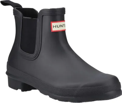 A black Hunter women's ankle boot with a red and white logo.