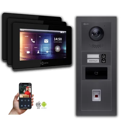 Produktbild von Goliath 2-Draht BUS Video Türklingel: 2 Fam. 3 Monitore, Fingerprint, RFID, Anthrazit : Aufputzdose : 7 Zoll in Schwarz Monitor Auswahl: 7 Zoll in Schwarz Türklingel Montagedose: Aufputzdose