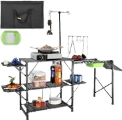 Productafbeelding van Famanu Campingtafel voor de keuken - Opklapbaar, draagbaar, met 4 zijtafels en draagtas
