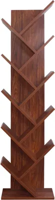 A tall, narrow, wooden bookshelf with a unique, staggered shelf design.