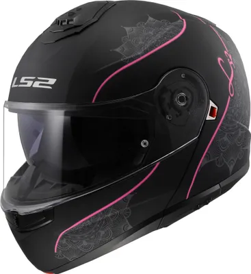 A black motorcycle helmet with pink decorative accents and a clear visor.