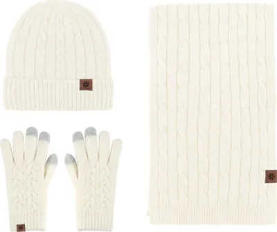 Produktbild von Winterwarmer Strickschal, Beanie-Mütze und Handschuhe im Set, weicher Stretch-Hut, Schal und Fäustlinge für Herren und Damen,Wollweiß