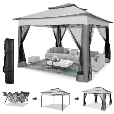 Produktbild von 3.3x3.3mPop-up Faltpavillon, Sonnenschirm Pavillon mit Moskitonetz, UV-Schutz 50+,Doppeltes Dach mit Belüftungsloch, inkl. Tragetasche, grau