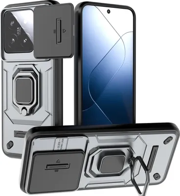 Obrázek produktu pro Pouzdro pro Xiaomi 14 dvouvrstvé pouzdro s posuvnou ochranou kamery a držákem prstenu, stojánek Šedá
