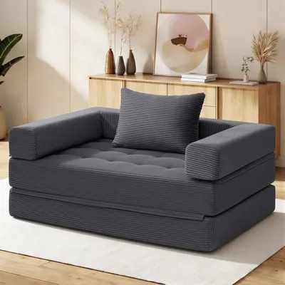 Produktbild von HOMMPA 5-in-1 Klapp-Schlafsofa, extragroß, Bodenschlafsofa, Cord-Klappmatratze, Sofa für Wohnzimmer, Schlafzimmer, Lounge, Full 180x128cm, Grau