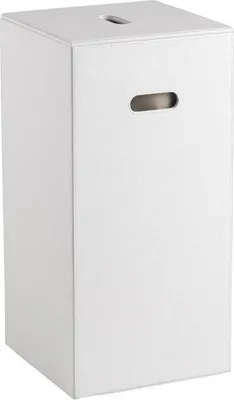 A white laundry basket with a handle cutout on the front and a slot on the top.