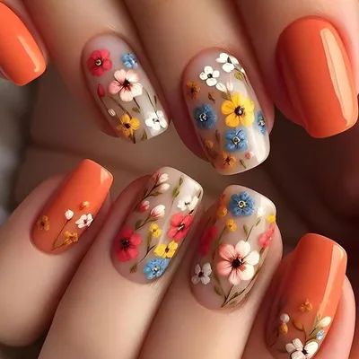 Produktbild von Press on Nails Kurz Quadratisch Blumen Orange 24 Stück