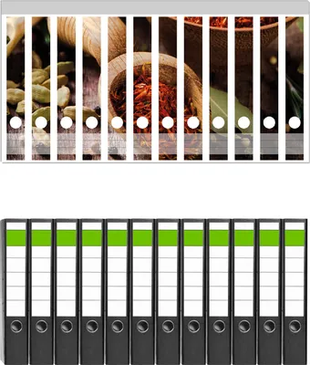 Produktbild von Wallario 12 Stück schmale Ordner inkl. Klebeetiketten mit Motive Gewürze und Kräuter -  Set mit Rückenschildern / Ordnerrücken Stickern