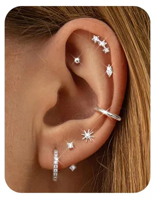 Image de 7 paires de boucles d'oreilles pour femmes - Acier chirurgical, hypoallergénique, petites, argentées et dorées