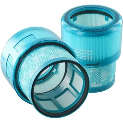 Two blue vacuum cleaner filters are shown on a white background.