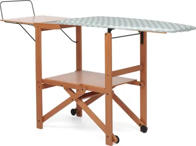 A wooden ironing board with a patterned ironing surface, shown from a front-diagonal angle against a white background.