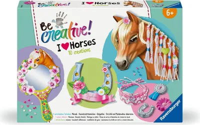 The image shows the packaging of a Ravensburger craft kit for children, featuring horse-themed creations.
