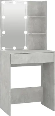 A vanity table with a mirror and shelves.