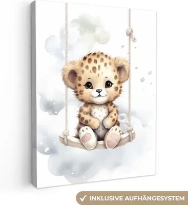 Produktbild von MuchoWow® - Leinwandbilder - Leopard - Tier - Kinder, Wandbild, Wanddeko Bilder Wohnzimmer, 90x120 cm