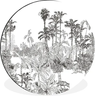 Produktbild von MuchoWow® Aluminium Wandkreis Dschungel - Schwarz - Weiß Ø 90 cm Wanddeko Modern Wohnzimmer - Mauerkreis - Wandbilder - Runde Bild - Bild aus Aluminium - Schlafzimmer - Wohnzimmerdekoration - Wand Dekoration