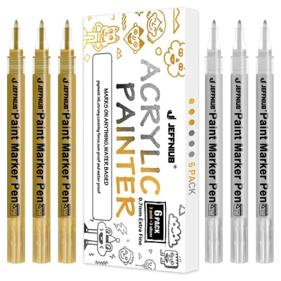Zdjęcie produktu dla Markery akrylowe złote i srebrne, zestaw 6 sztuk, końcówka 0,7 mm, precyzyjna, wodoodporne, do różnych powierzchni