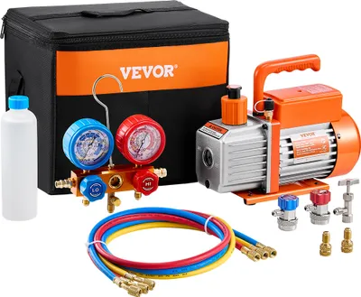 Zdjęcie produktu dla Zestaw pompy próżniowej i manometru VEVOR 3,5 CFM AC, jednostopniowy zestaw rozdzielacza czynnika chłodniczego do systemów klimatyzacji HVAC, R134a, R12, R22, R502a, R410A, R404, R407C